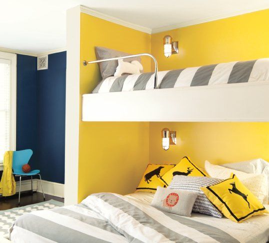 Vibrant Bunk Bedroom with Yellow and Navy Blue Walls