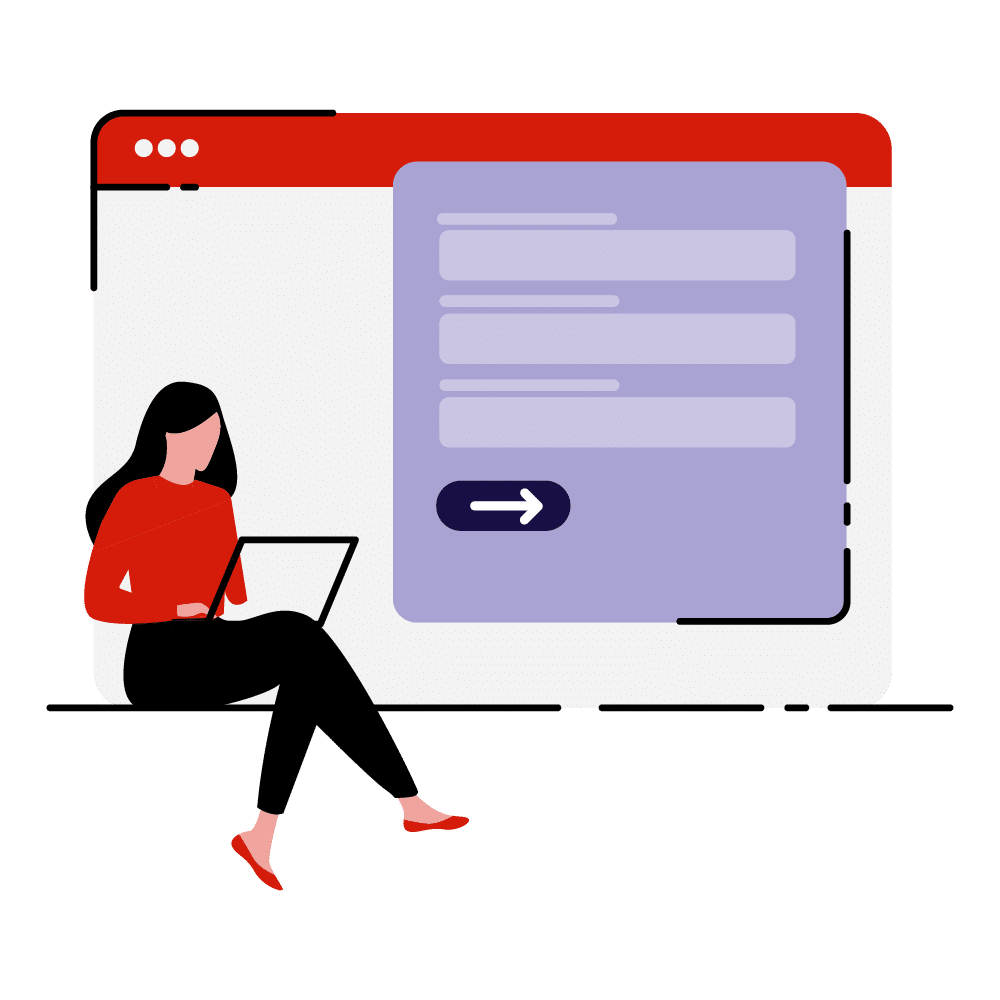 An illustration of a woman sitting with a laptop next to a large online form interface with three input fields and a submit button featuring a right arrow icon.
