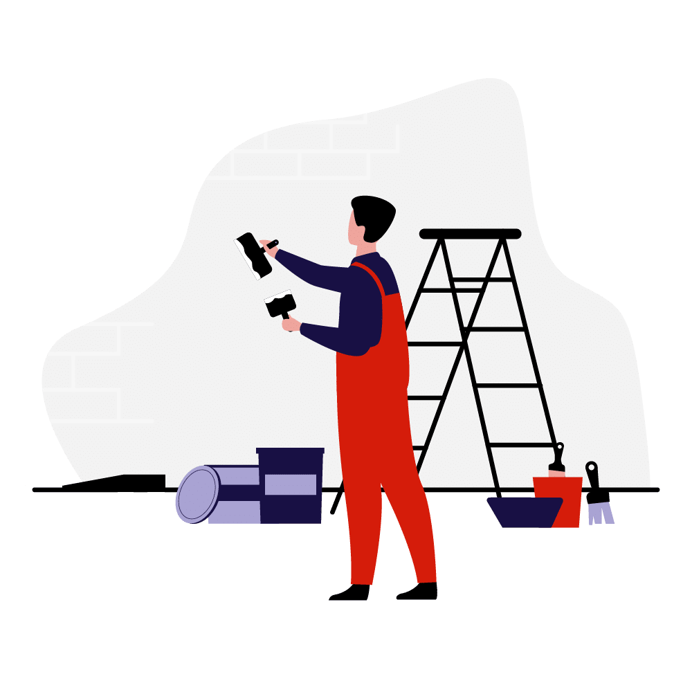 Illustration of a painter holding brushes with painting tools and a ladder nearby.