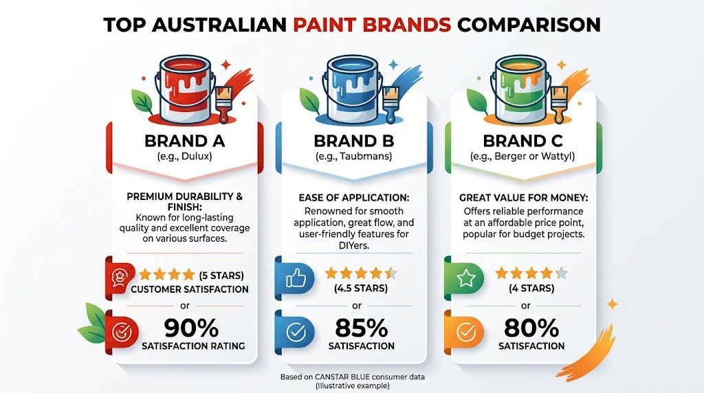 A comparison infographic featuring three top Australian paint brands, highlighting quality, ease of application, and value.