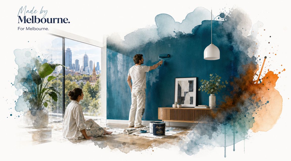 A man painting a deep blue wall while a woman watches in a modern home overlooking Melbourne city.
