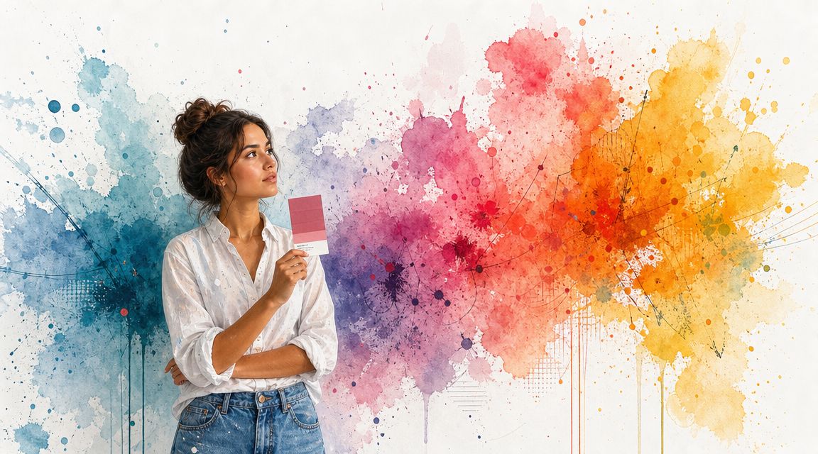 A woman holding a color swatch in front of a vibrant, multicolored watercolor paint splash wall.