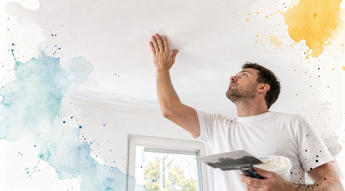 A professional construction worker applying plaster to a white ceiling using a metal trowel indoors.