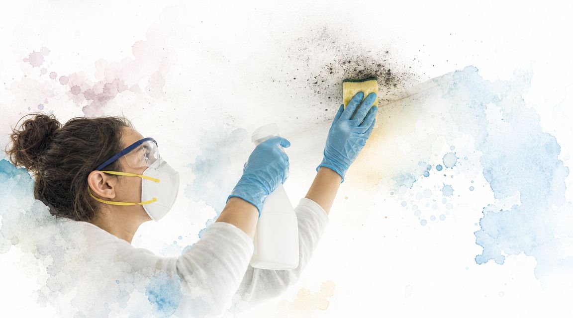 A person wearing protective gear, mask, and gloves cleaning black mold off a white ceiling.