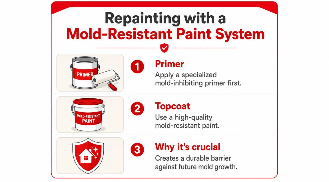 An infographic showing the three steps of a mold-resistant painting system for repainting walls.