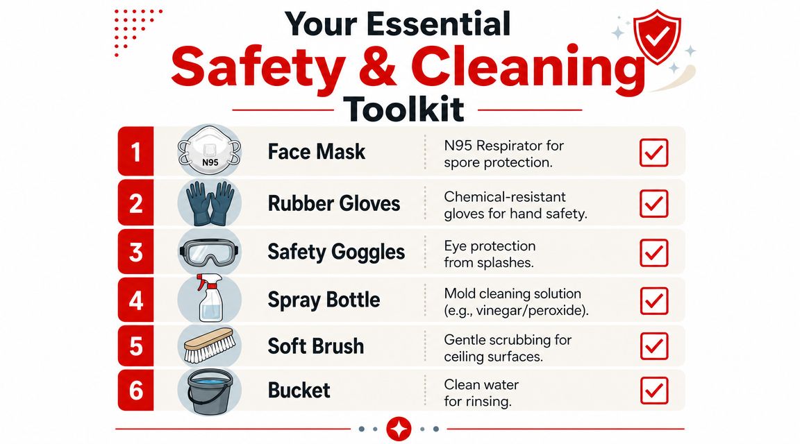 An infographic list showing six essential items for safety and cleaning mold off a ceiling.