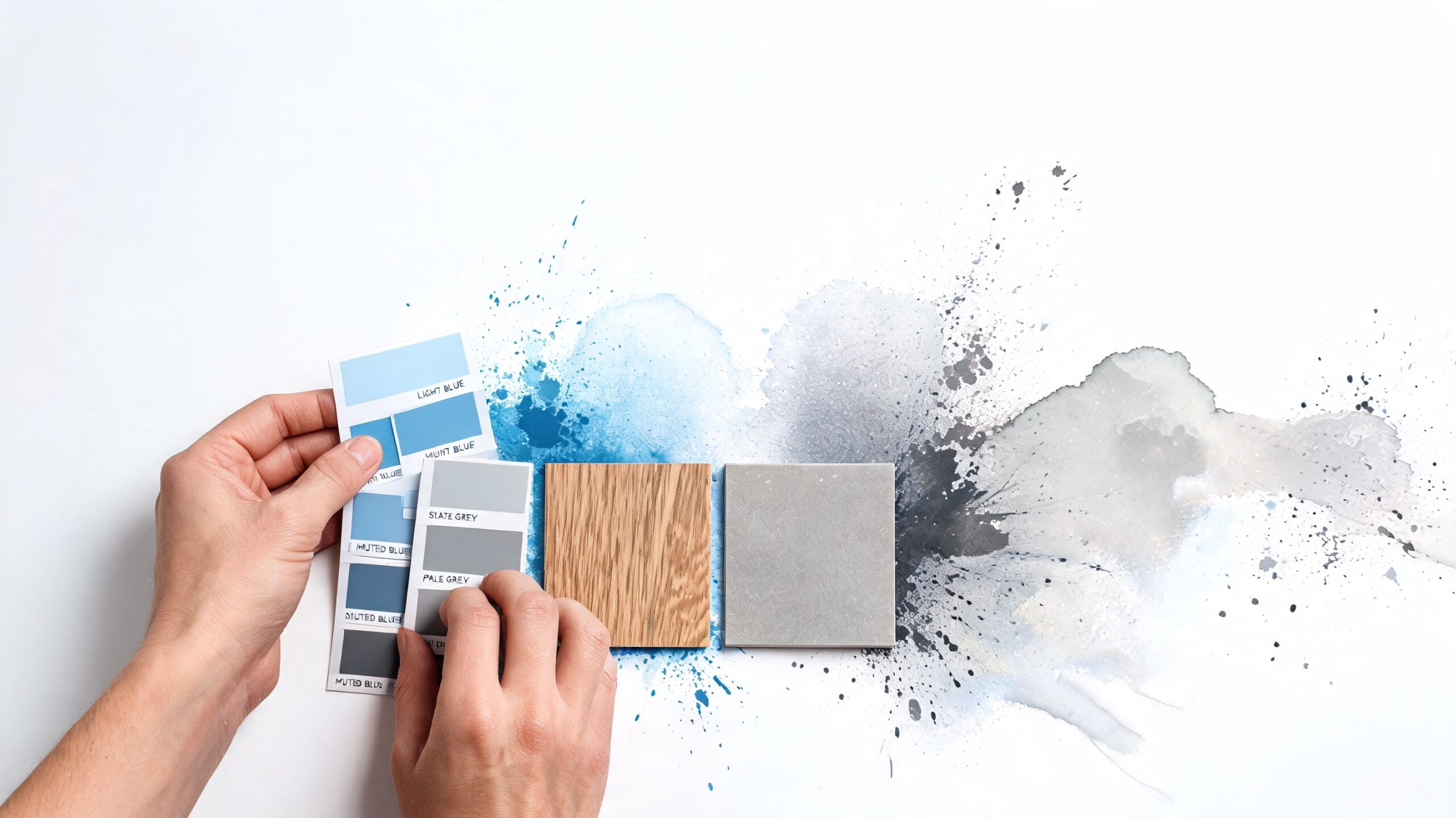 A designer's hands selecting paint swatches next to a wood sample and a grey tile sample.
