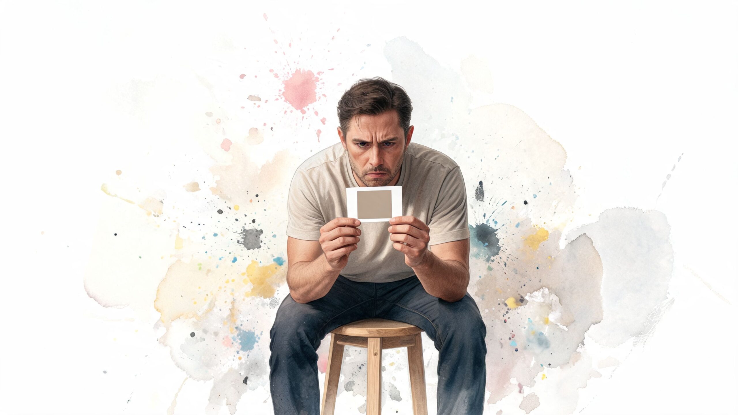 A man sitting on a wooden stool holding a paint swatch against a watercolor background in Melbourne.