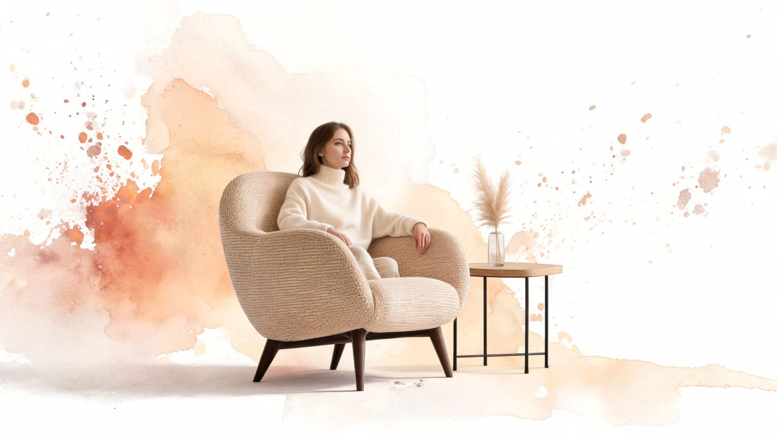 A serene woman in a cream sweater sitting in a textured armchair next to a small side table.
