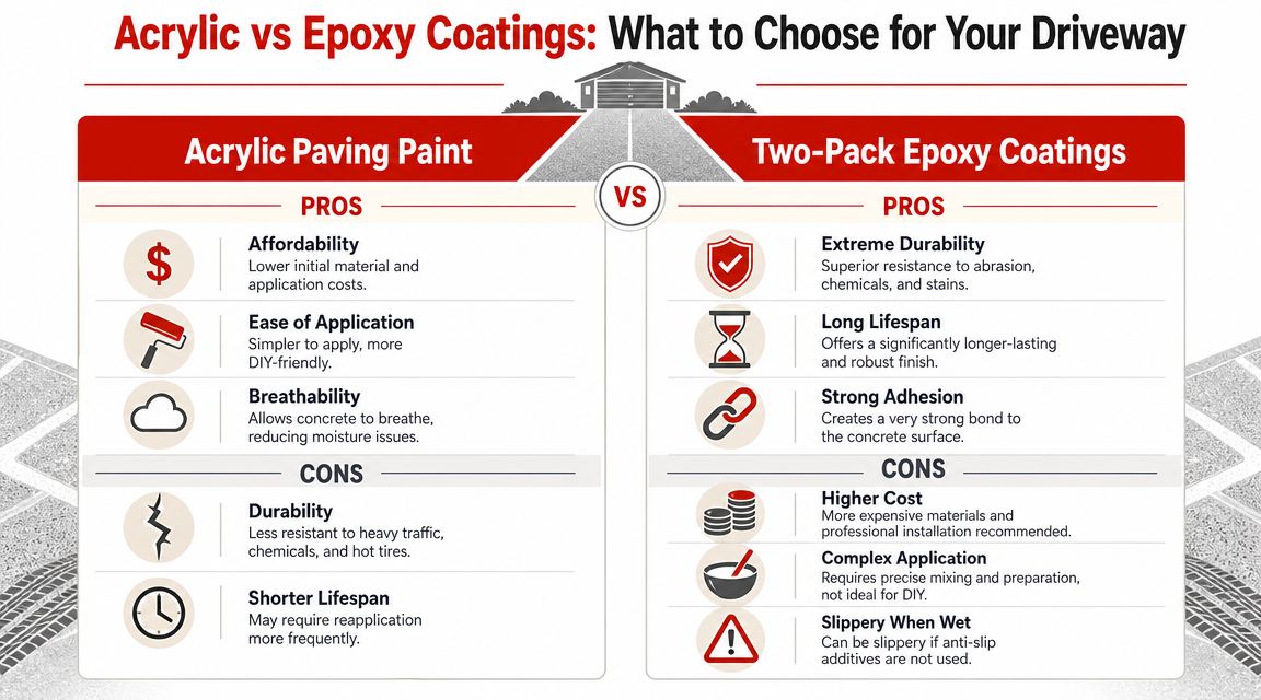 A comparison chart outlining the pros and cons of acrylic paving paint versus two-pack epoxy driveway coatings.