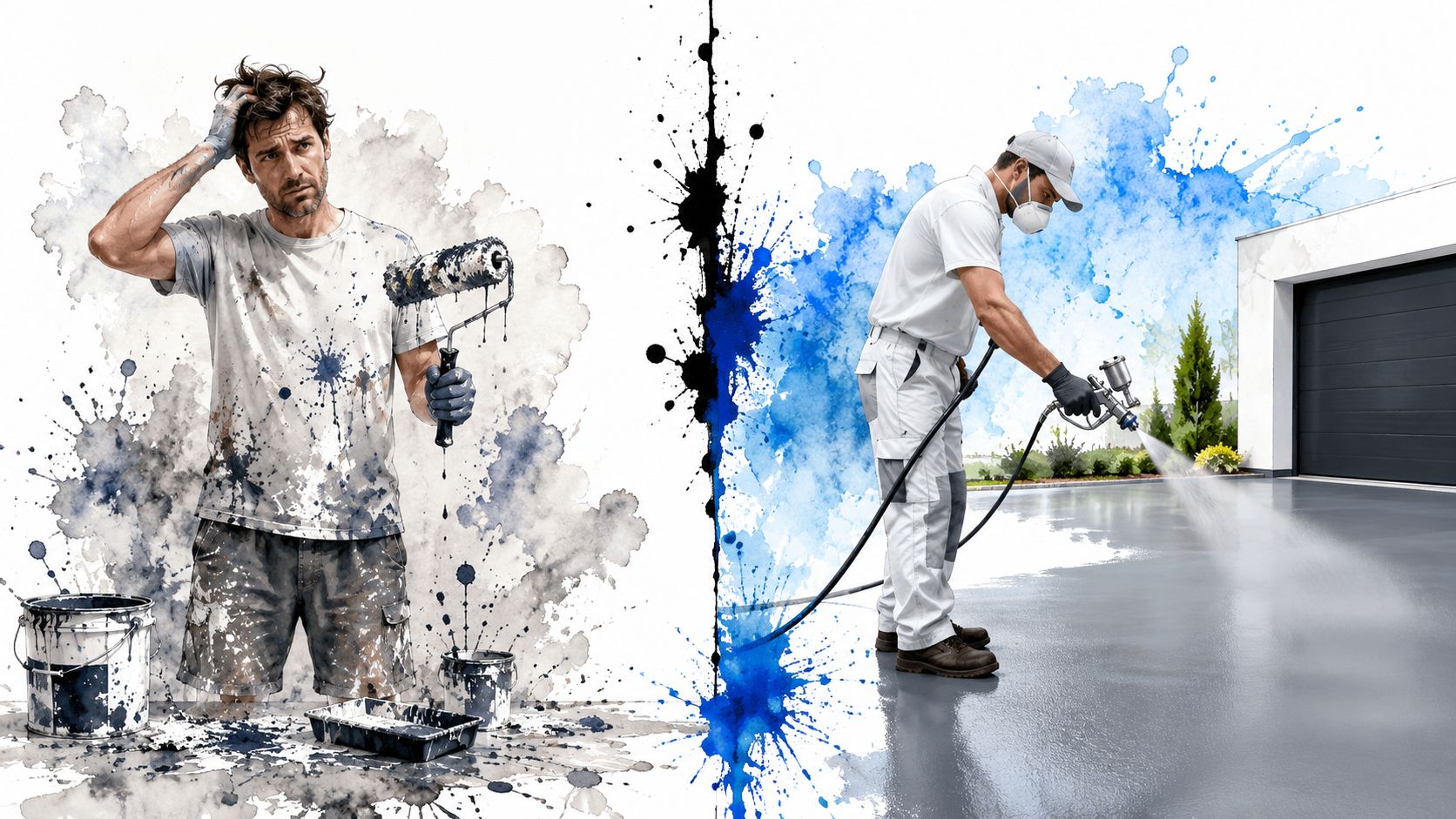 A split screen comparing a messy DIY driveway painting project with professional spray painting services.