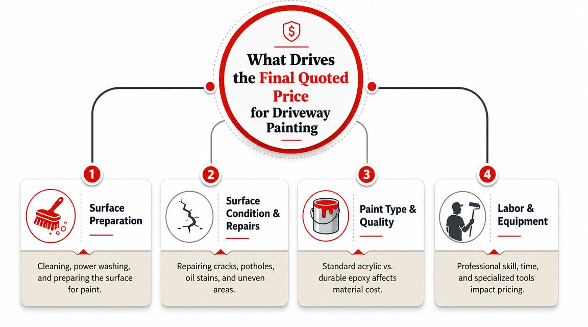 An infographic detailing the four key factors influencing the total price of driveway painting services.