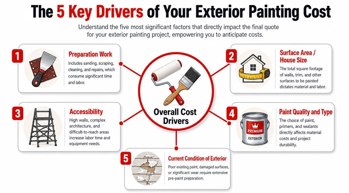 An infographic titled The 5 Key Drivers of Your Exterior Painting Cost illustrating factors impacting project quotes.