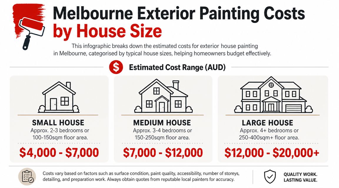 An infographic showing estimated Melbourne exterior house painting costs categorized by small, medium, and large house sizes.