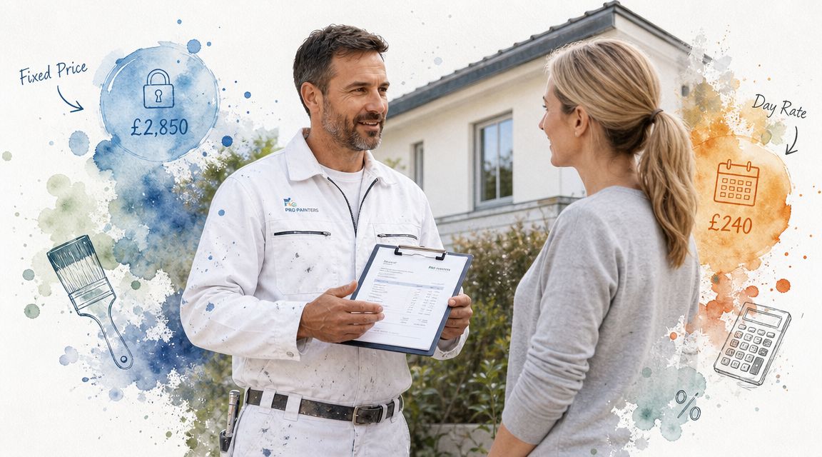 A professional painter explaining a quote to a homeowner in front of a house for painting services.