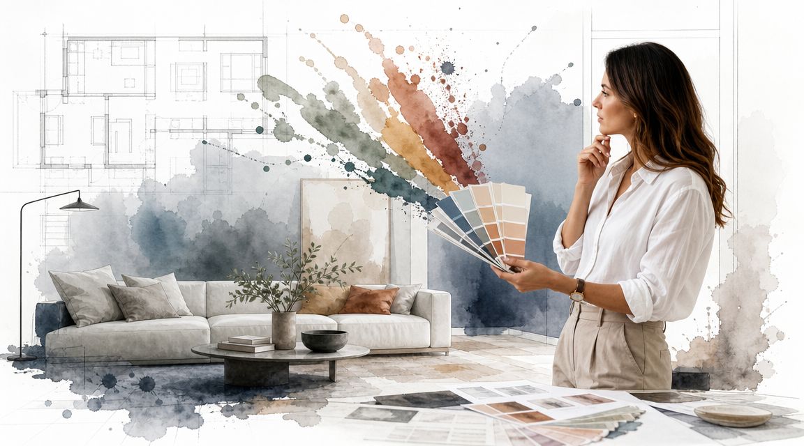 A professional interior designer holding a color swatch palette while standing in a stylish, watercolor-themed living room.