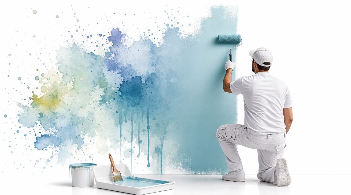 A professional painter in white clothing kneeling while painting a wall with light blue watercolor-style splashes.