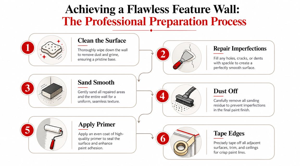 An infographic detailing the six-step professional preparation process for creating a smooth, flawless feature wall.