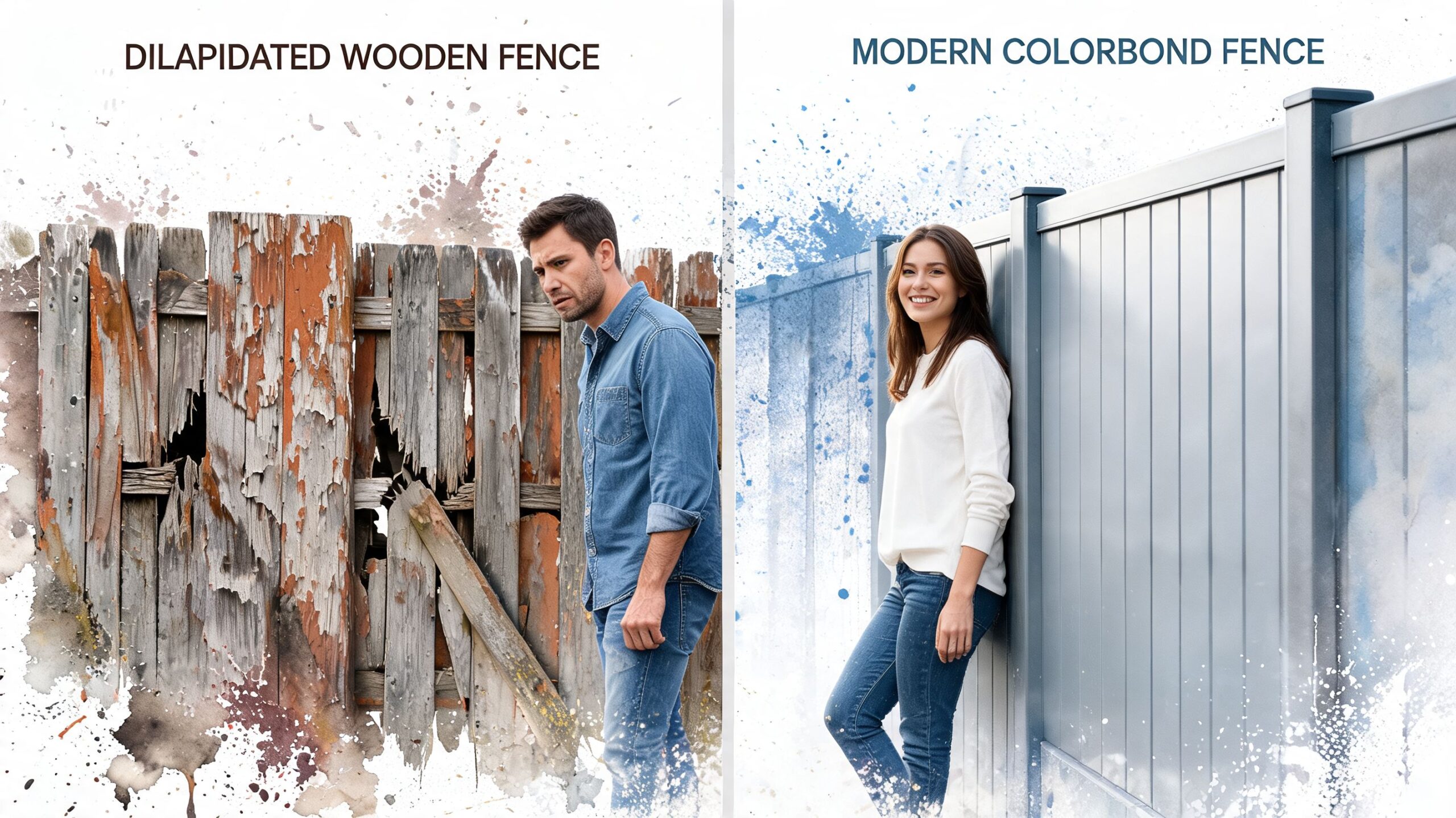Comparison of a dilapidated wooden fence with a man and a modern Colorbond fence with a woman.