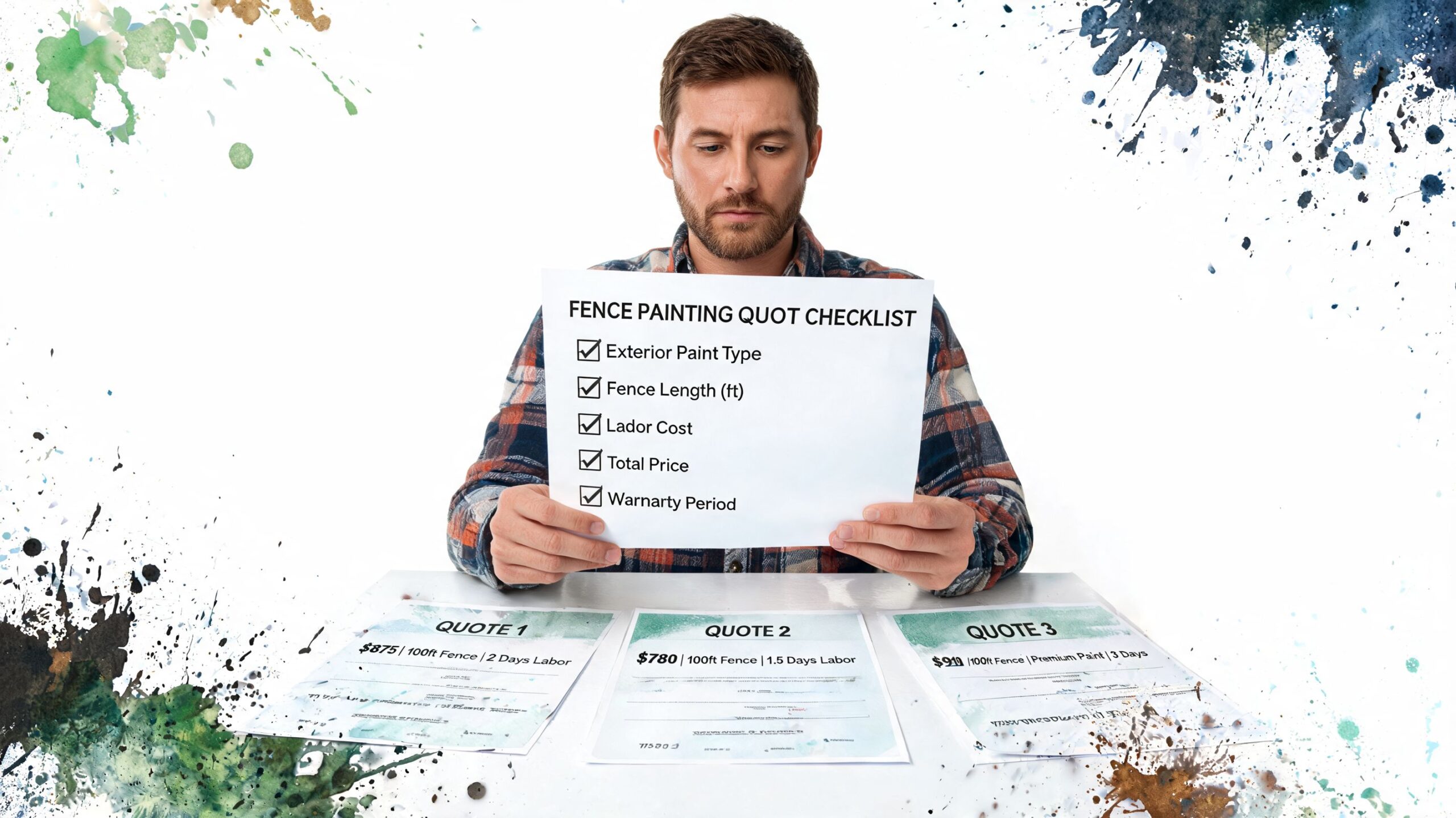 A man in a plaid shirt reviewing a fence painting quote checklist with three different price estimates.