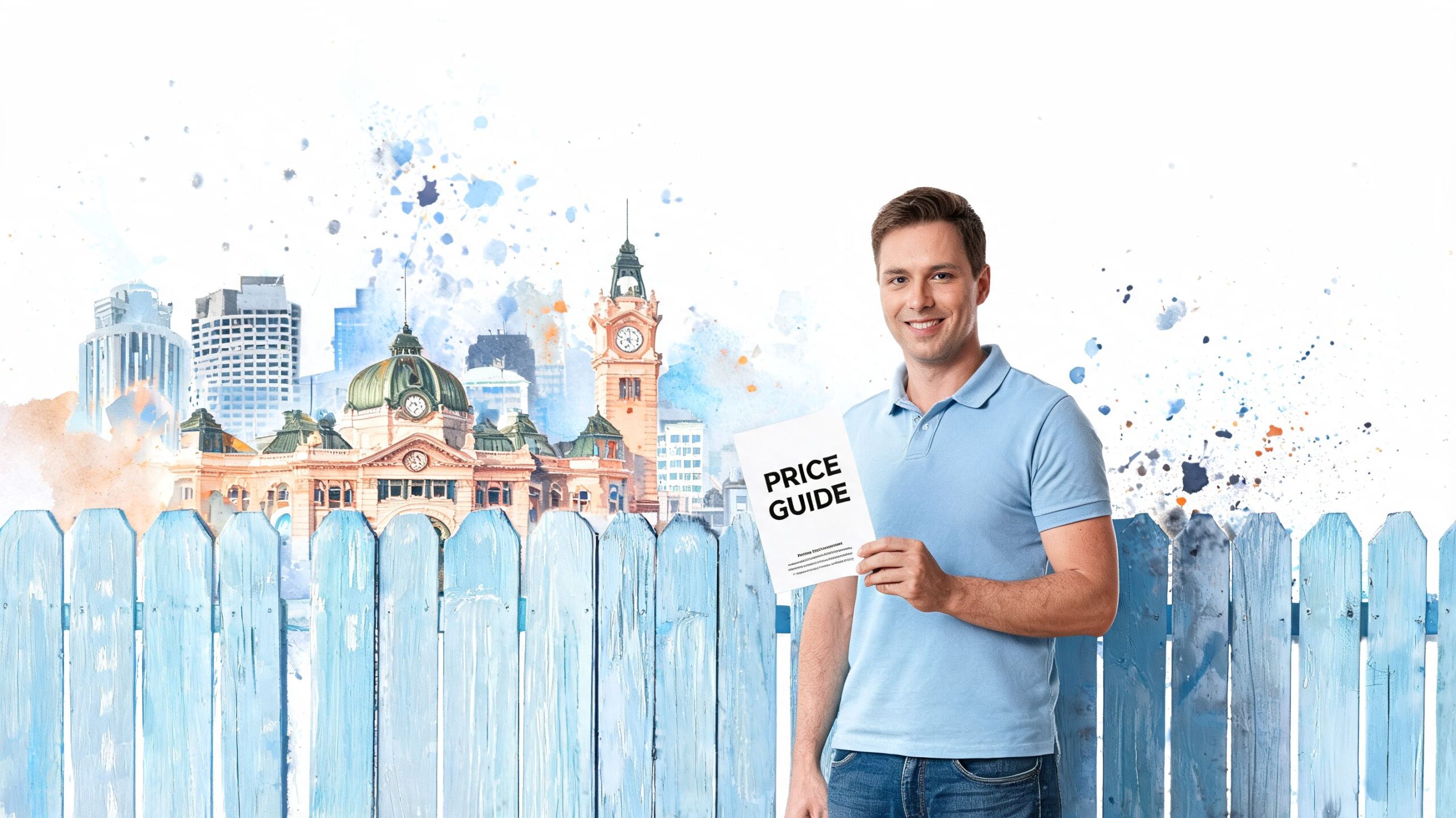 A man smiling and holding a price guide sign in front of a blue picket fence and city illustration.