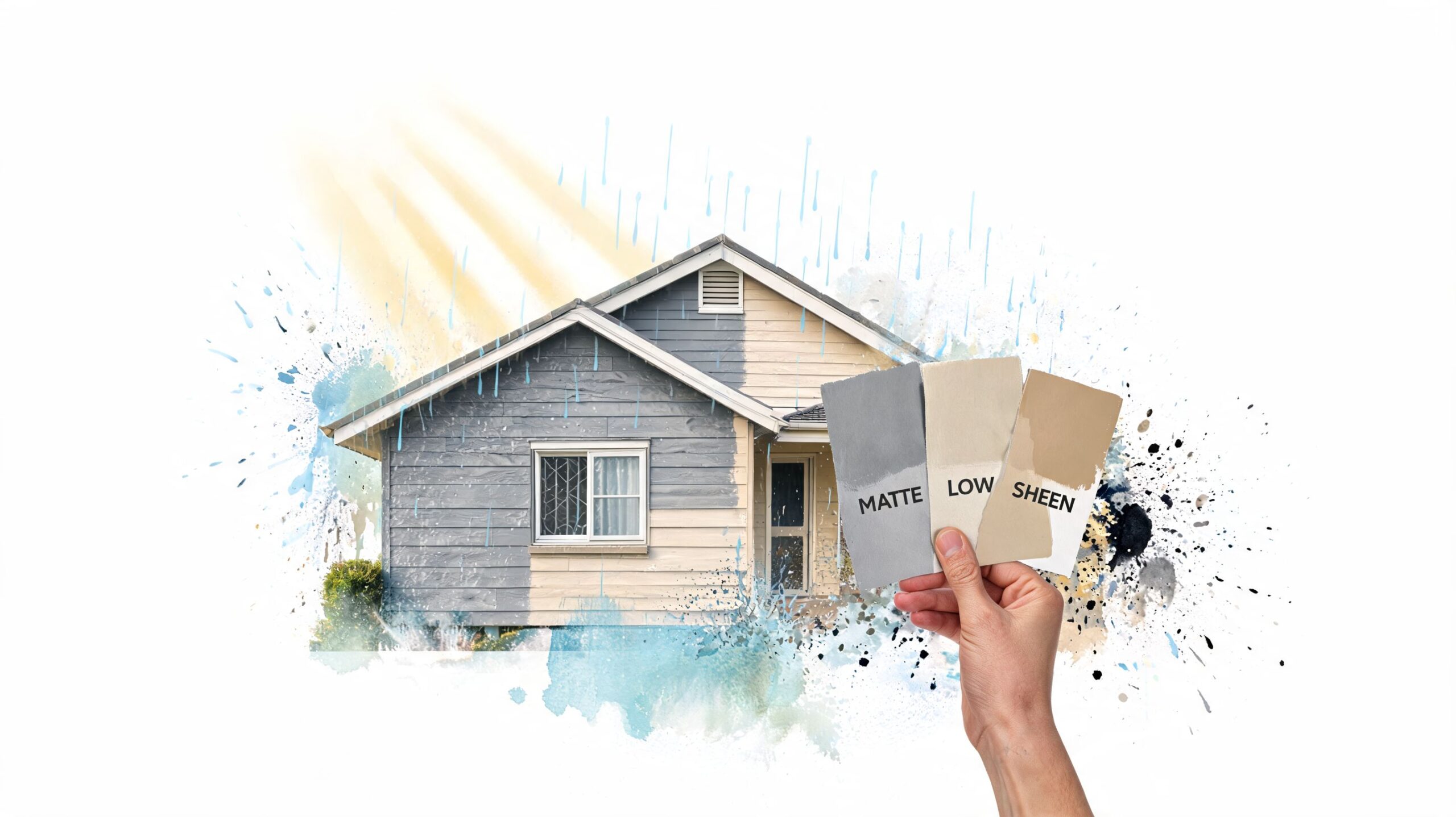 A hand holding paint finish color swatches in front of a house undergoing an exterior paint transformation.