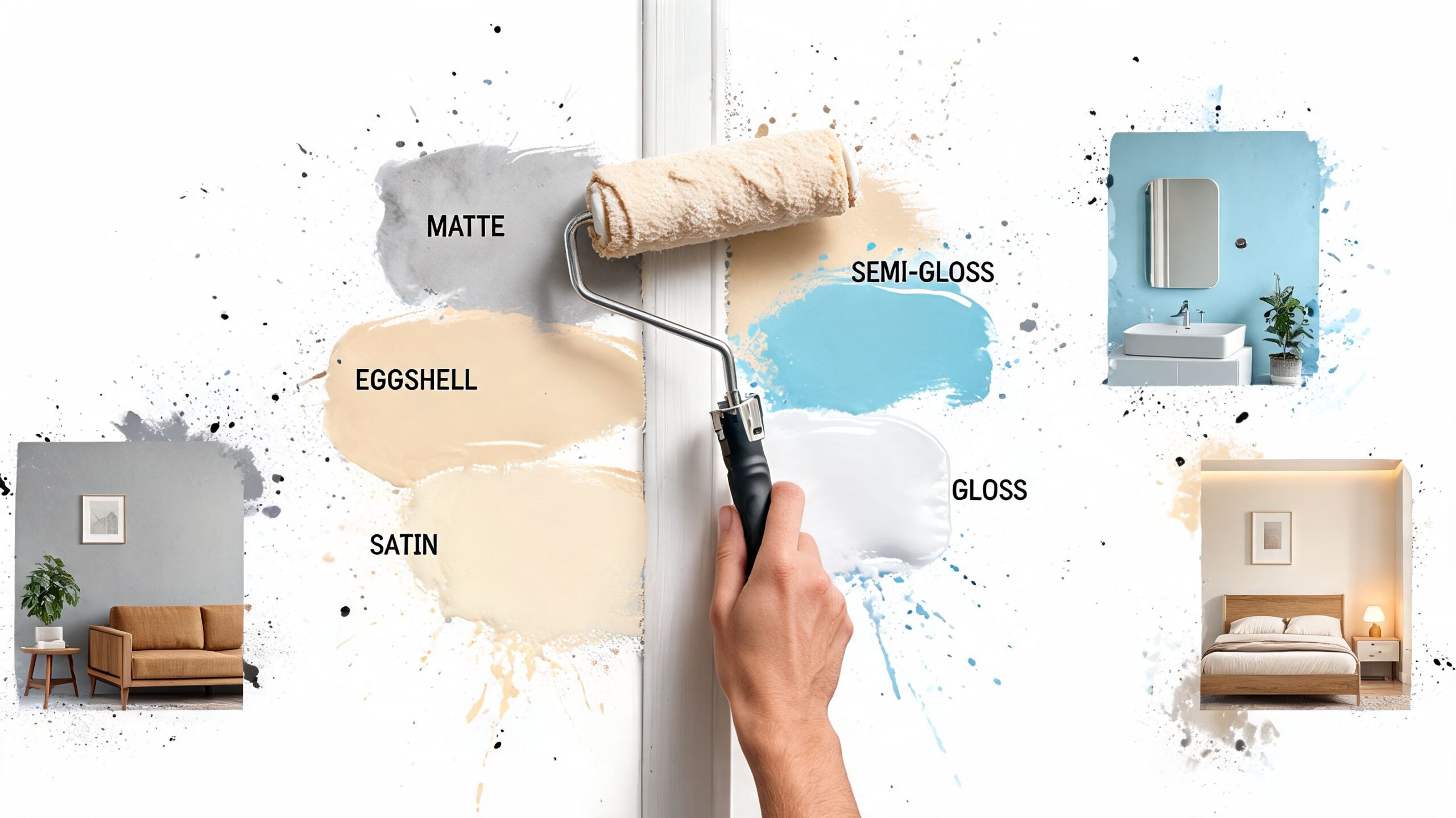 A hand painting with a roller, showing paint swatches of matte, eggshell, satin, semi-gloss, and gloss finishes.