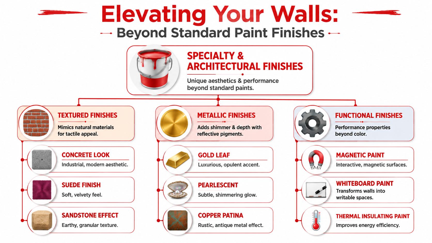 An infographic titled Elevating Your Walls displaying categories of specialty and architectural paint finishes for interior design.