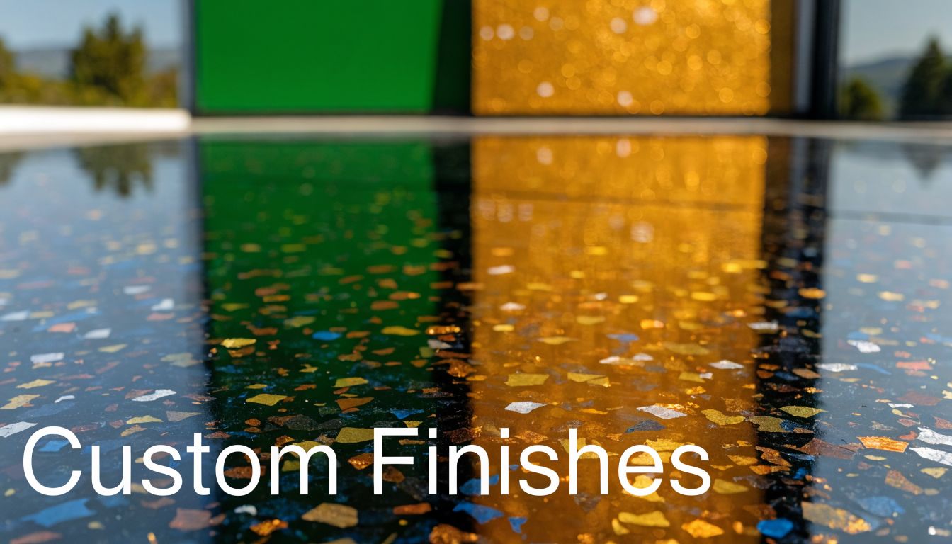 A close-up of a glossy, custom epoxy garage floor featuring colorful embedded flakes with light reflections.