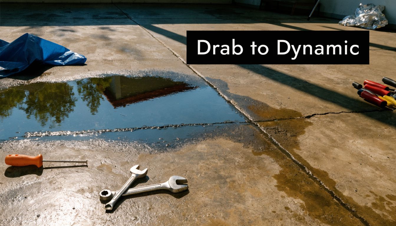 A concrete garage floor with tools and a puddle, demonstrating the need for epoxy flooring.