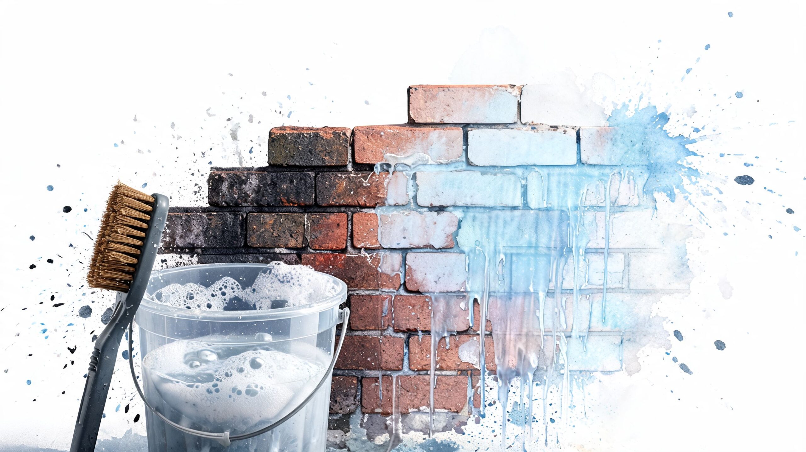 A brush and bucket with soapy water next to a half-cleaned brick wall with blue paint splatter.
