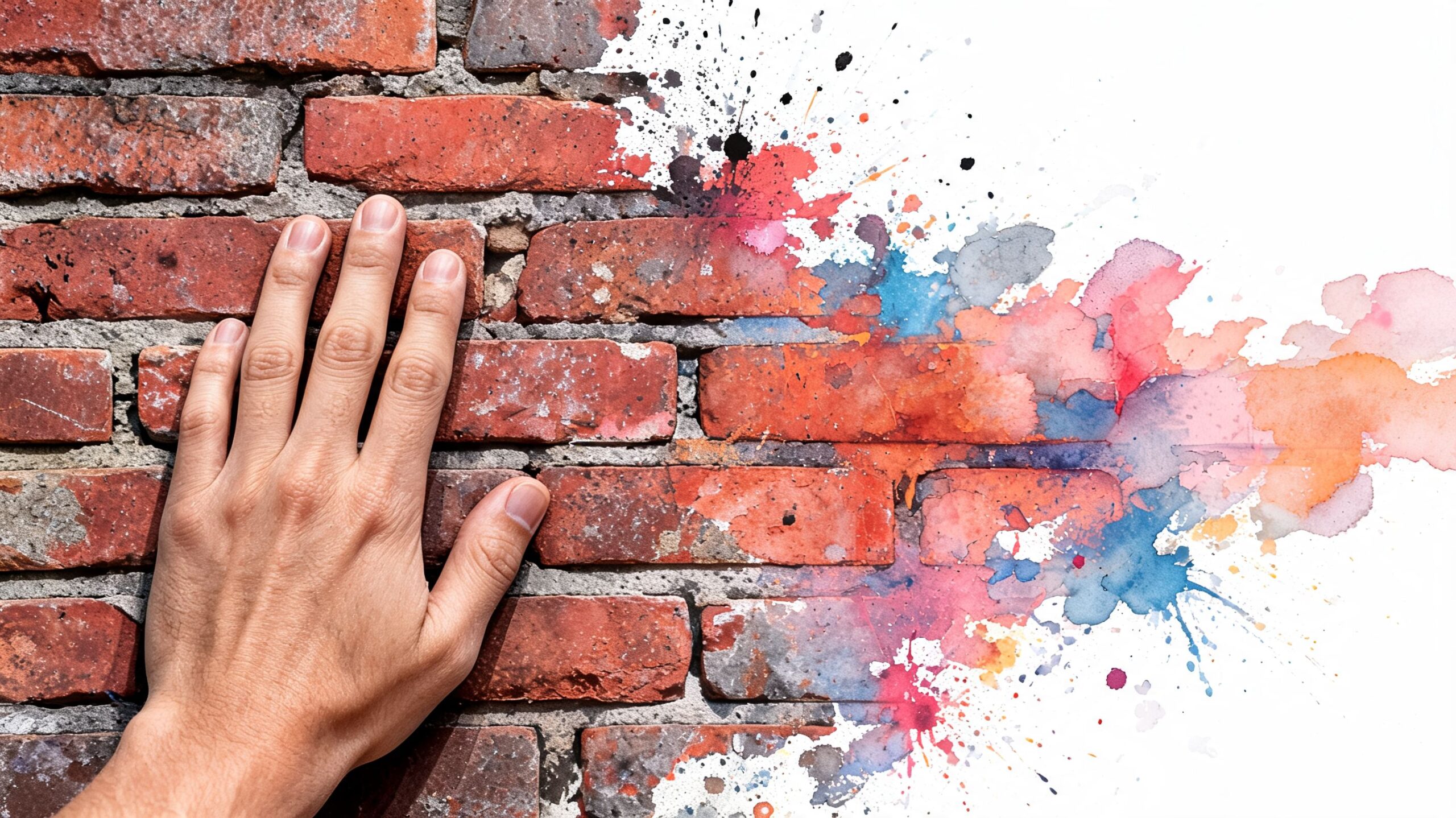 A human hand touching a brick wall that is transforming into vibrant watercolor paint splashes.
