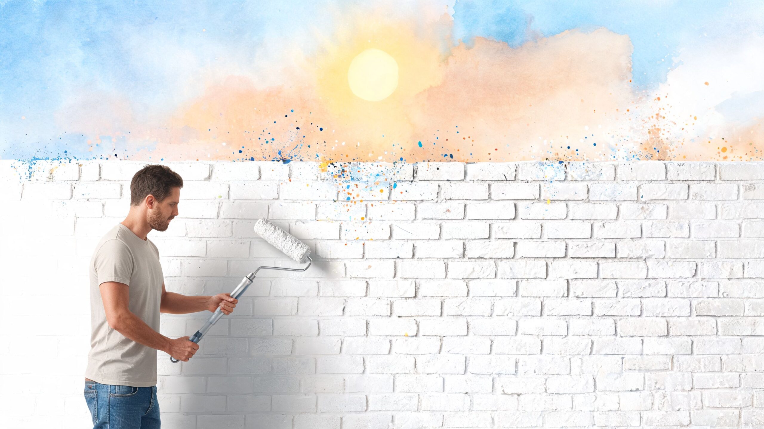 A man wearing a t-shirt paints a white brick wall that reveals a colorful sunrise painting behind it.