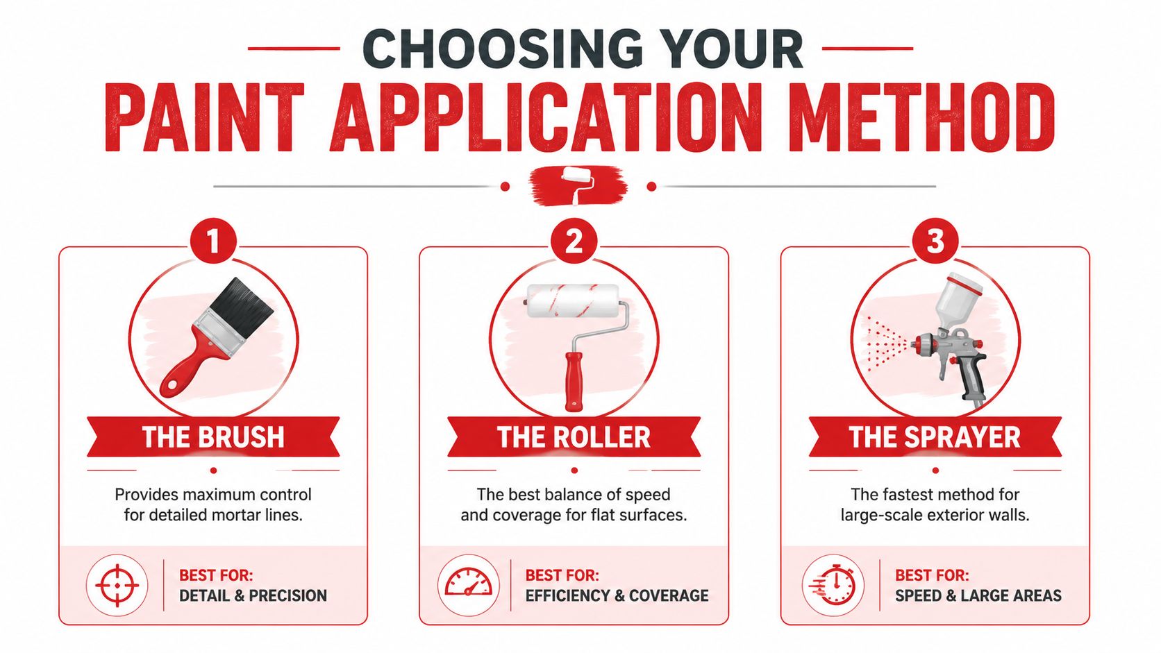 A helpful infographic comparing three different paint application methods including brushes, rollers, and sprayers for exterior painting.