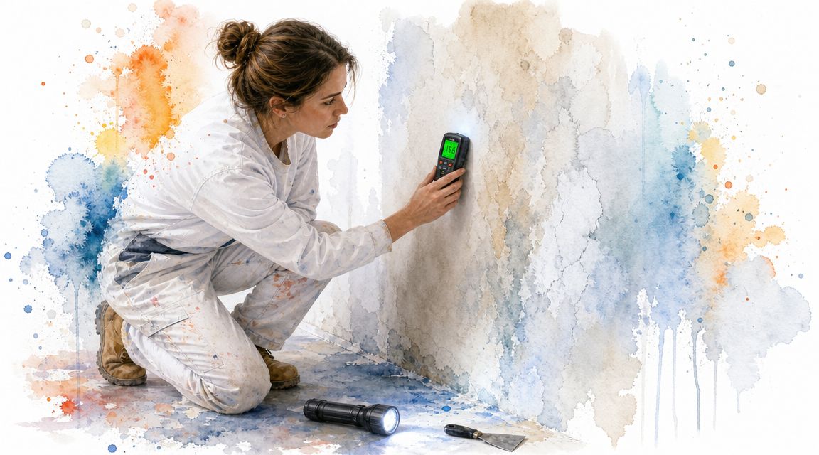 A professional painter checking wall moisture levels with a digital meter before painting on a textured surface.