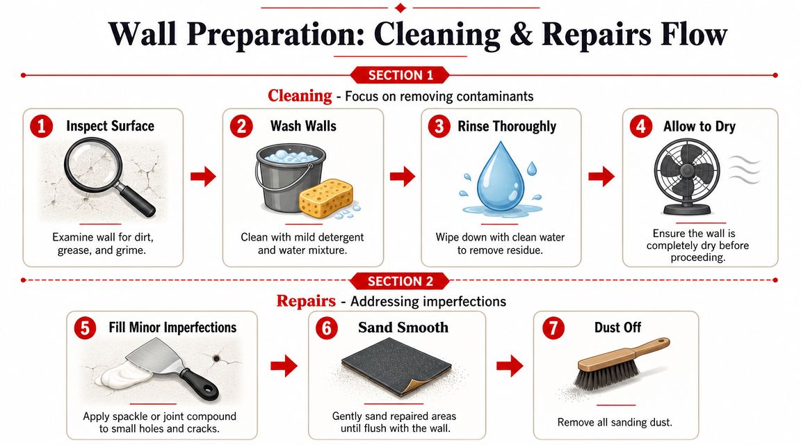 An infographic showing the seven steps for wall preparation including cleaning and repairing before painting a surface.