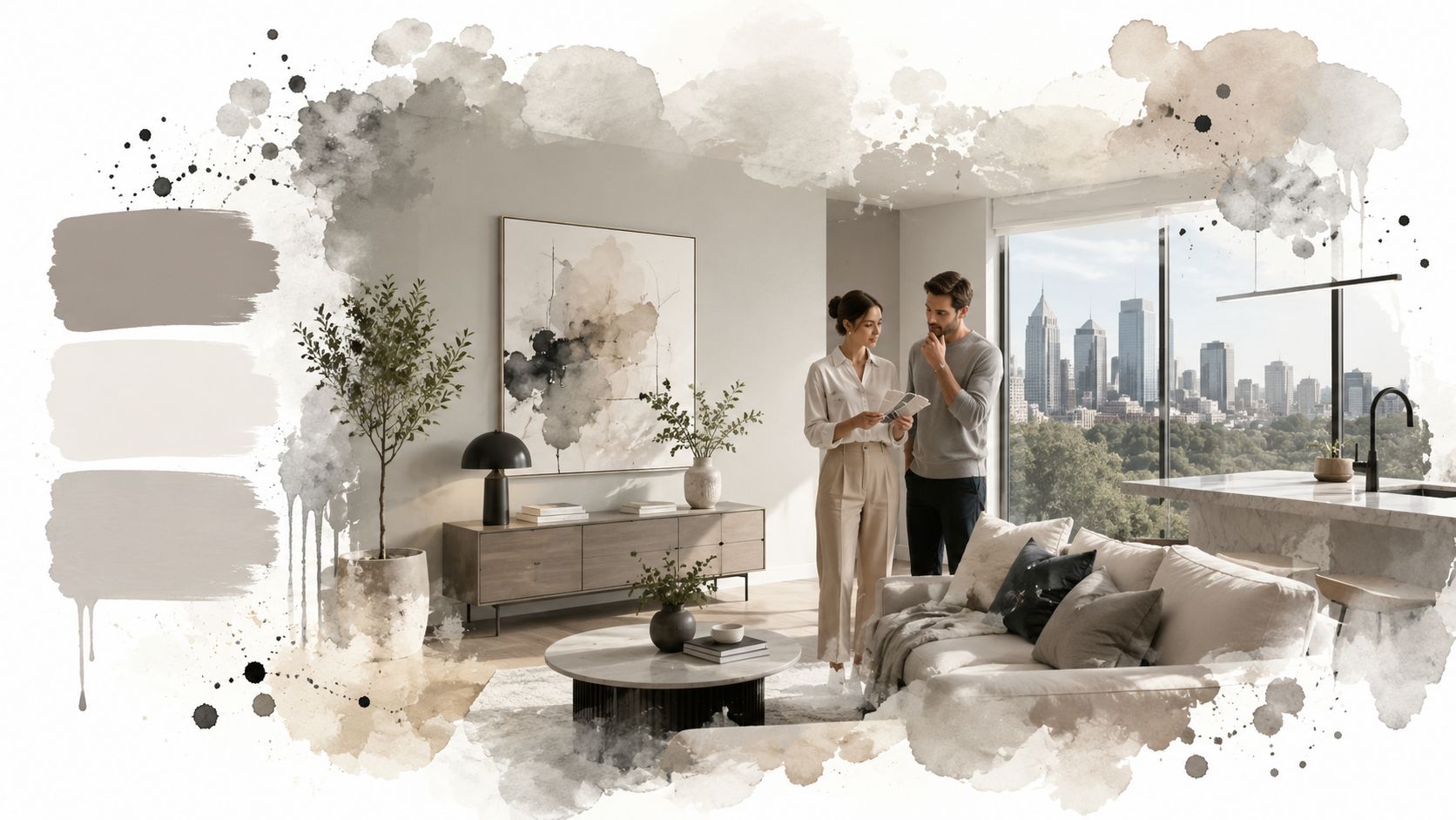 A couple standing in a modern living room looking at color swatches while deciding on interior paint.