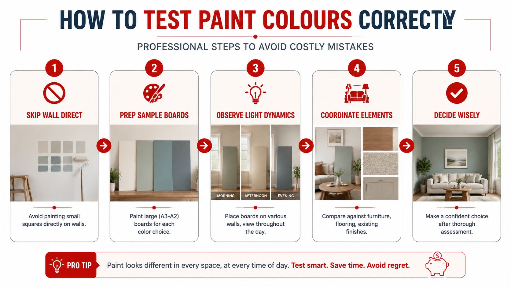 A five-step infographic guide explaining the professional process of testing paint colors on sample boards.