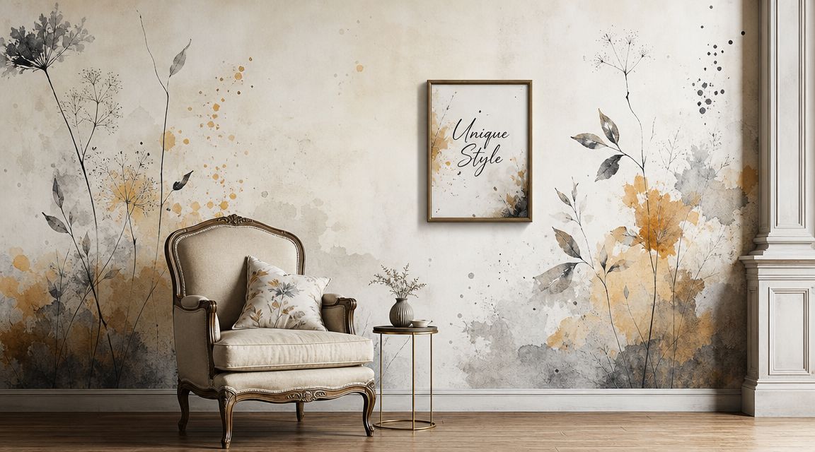 A classic beige armchair sits in front of a wall featuring elegant watercolor floral wall art painting.