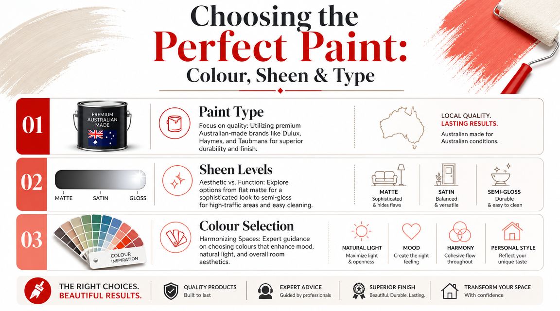 An infographic titled Choosing the Perfect Paint guiding on paint types, sheen levels, and colour selection for homes.