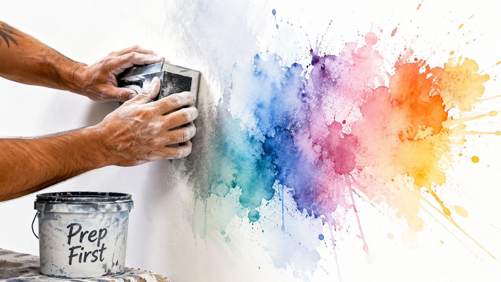 A construction worker sanding a wall next to a bucket labeled Prep First with colorful paint splashes