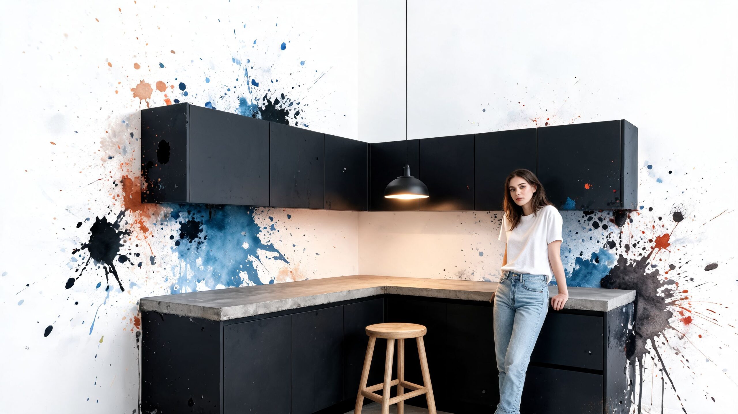 A young woman leaning on a modern kitchen counter with black cabinets and abstract watercolor wall art.