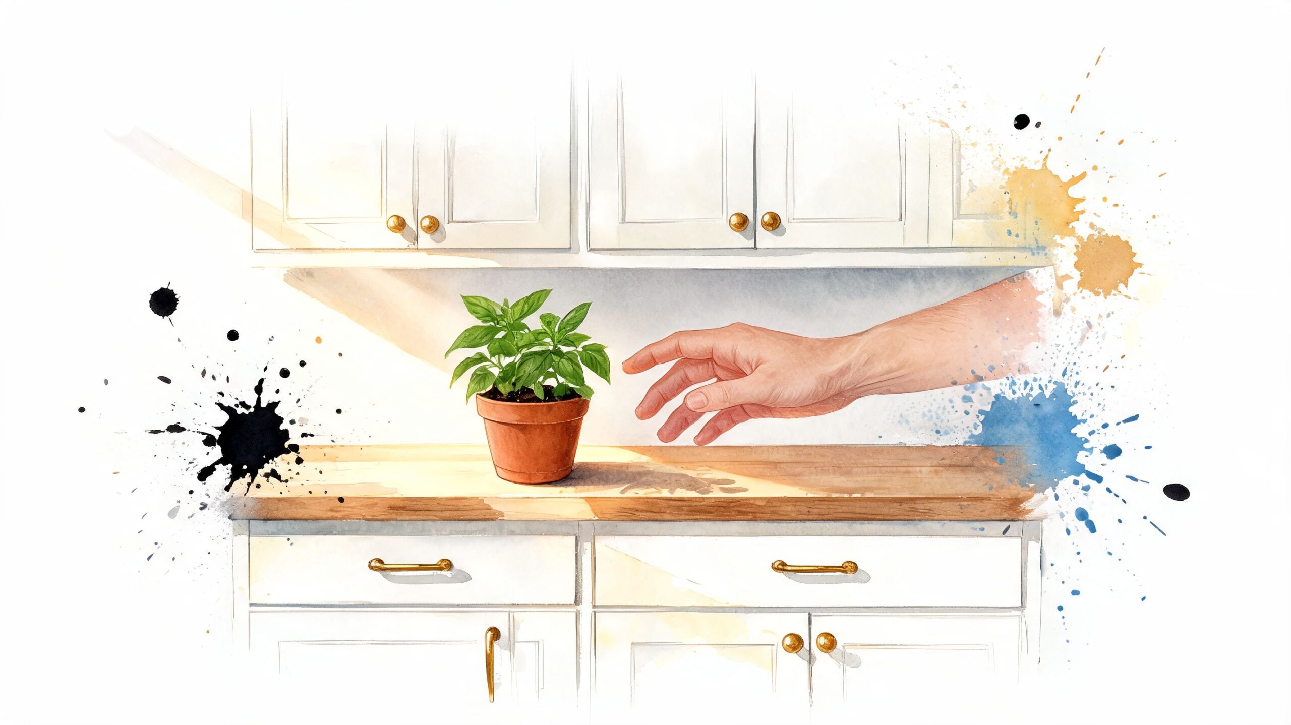 A watercolor illustration of a hand reaching for a potted basil plant on a kitchen counter.