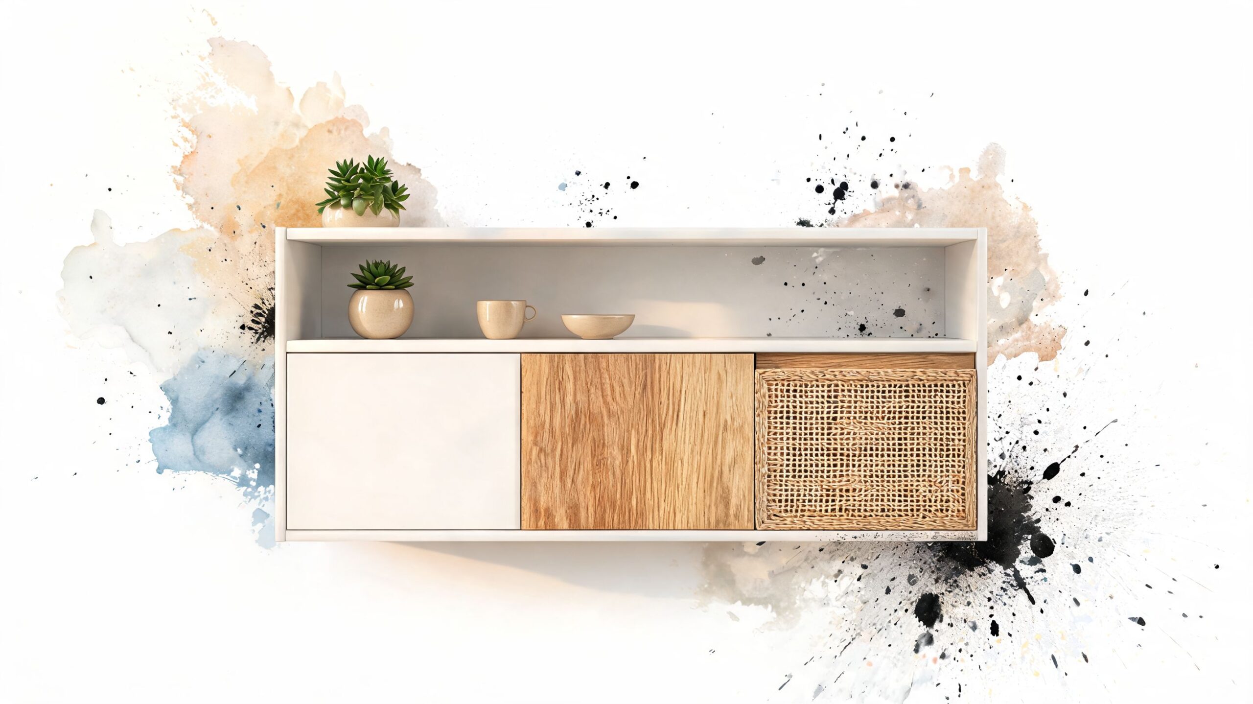 A modern wall-mounted kitchen cabinet featuring white, wood, and rattan textures against a creative watercolor backdrop.