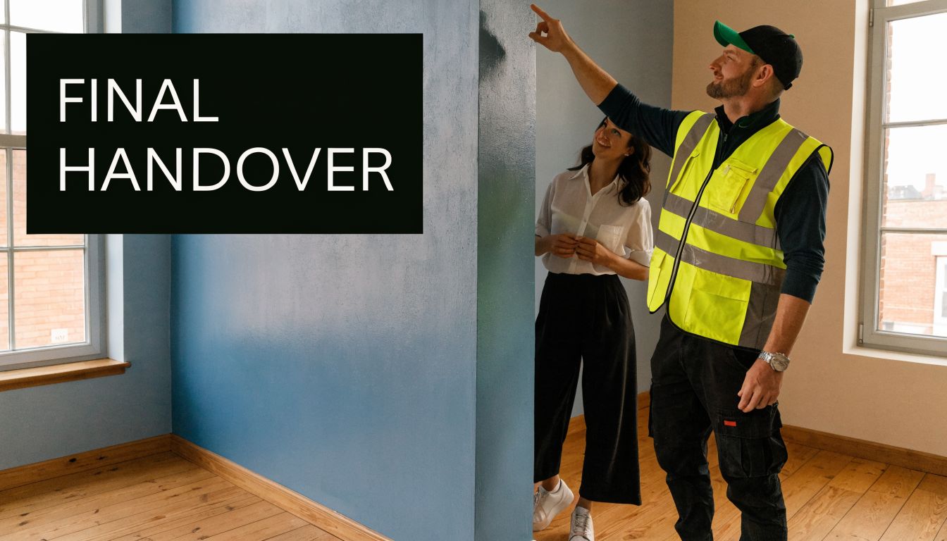 A construction professional pointing at a blue wall while speaking to a client in a room.