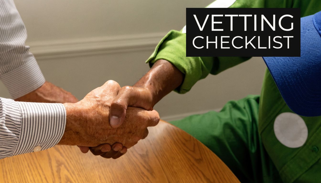 A professional handshake between a person in a dress shirt and a person in work clothes.