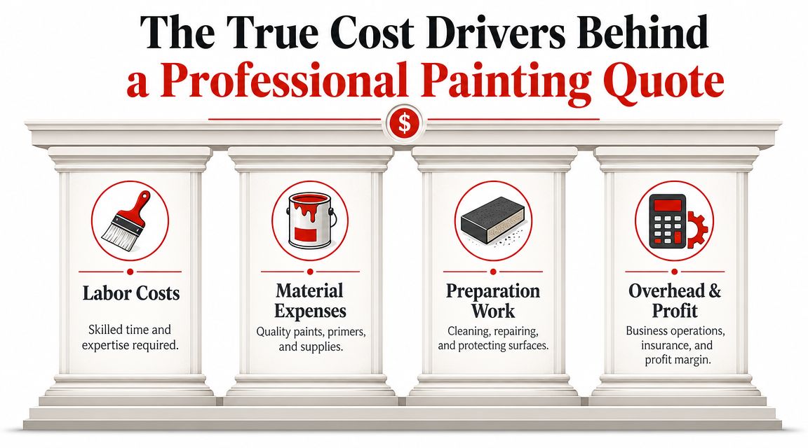 An infographic showing the four primary cost factors for a professional house painting service quote.
