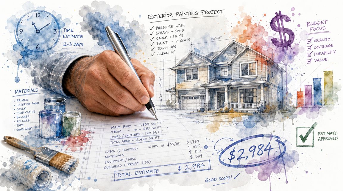A hand holds a pen while sketching a house painting cost estimate on a blueprint document.