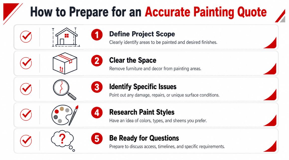 A checklist infographic titled How to Prepare for an Accurate Painting Quote with five numbered steps.