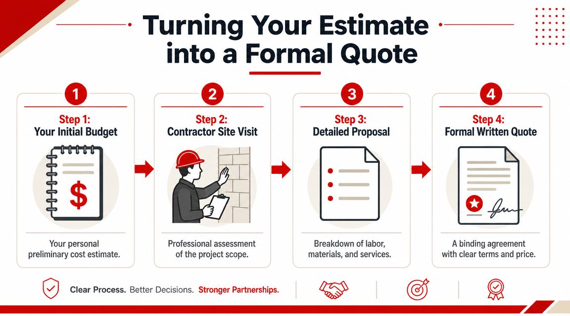 An infographic showing a four-step process for turning a preliminary estimate into a formal construction project quote.